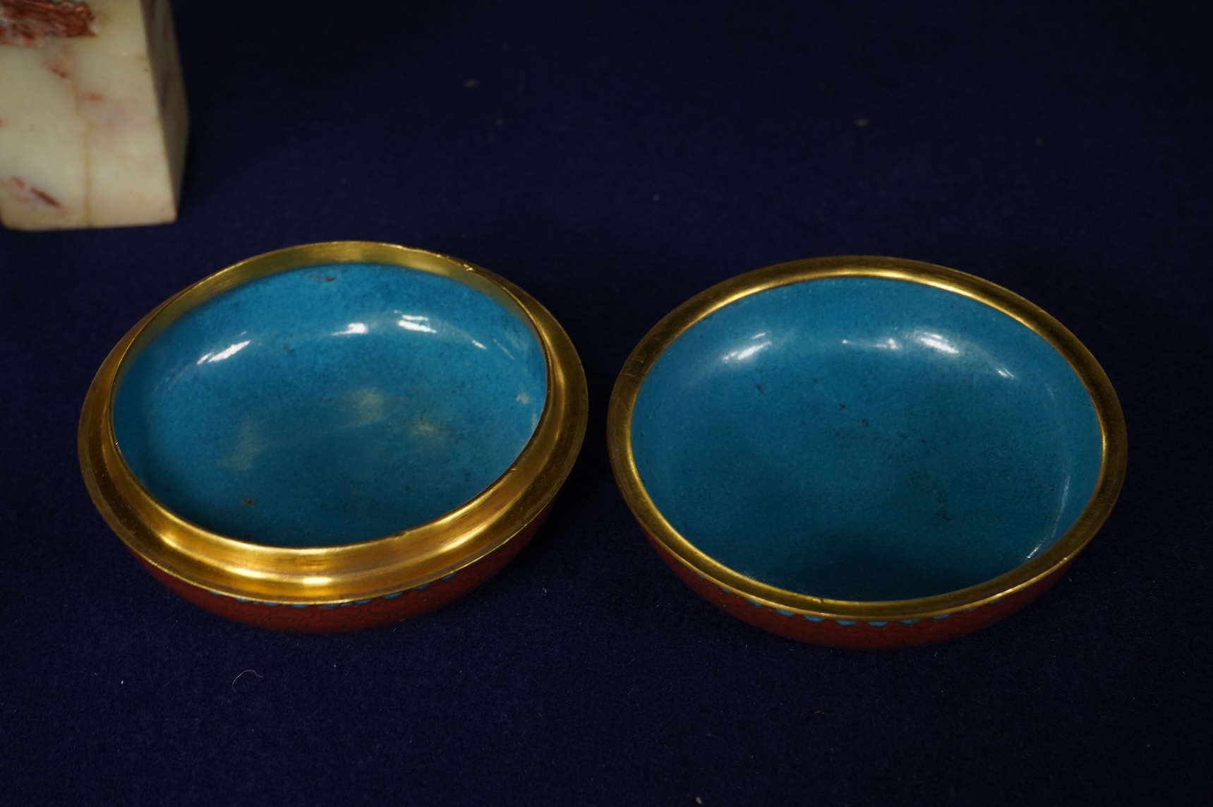Two 18th century Yixing cups, a Chinese soapstone seal and two covered cloisonne pots, seal 11cm high